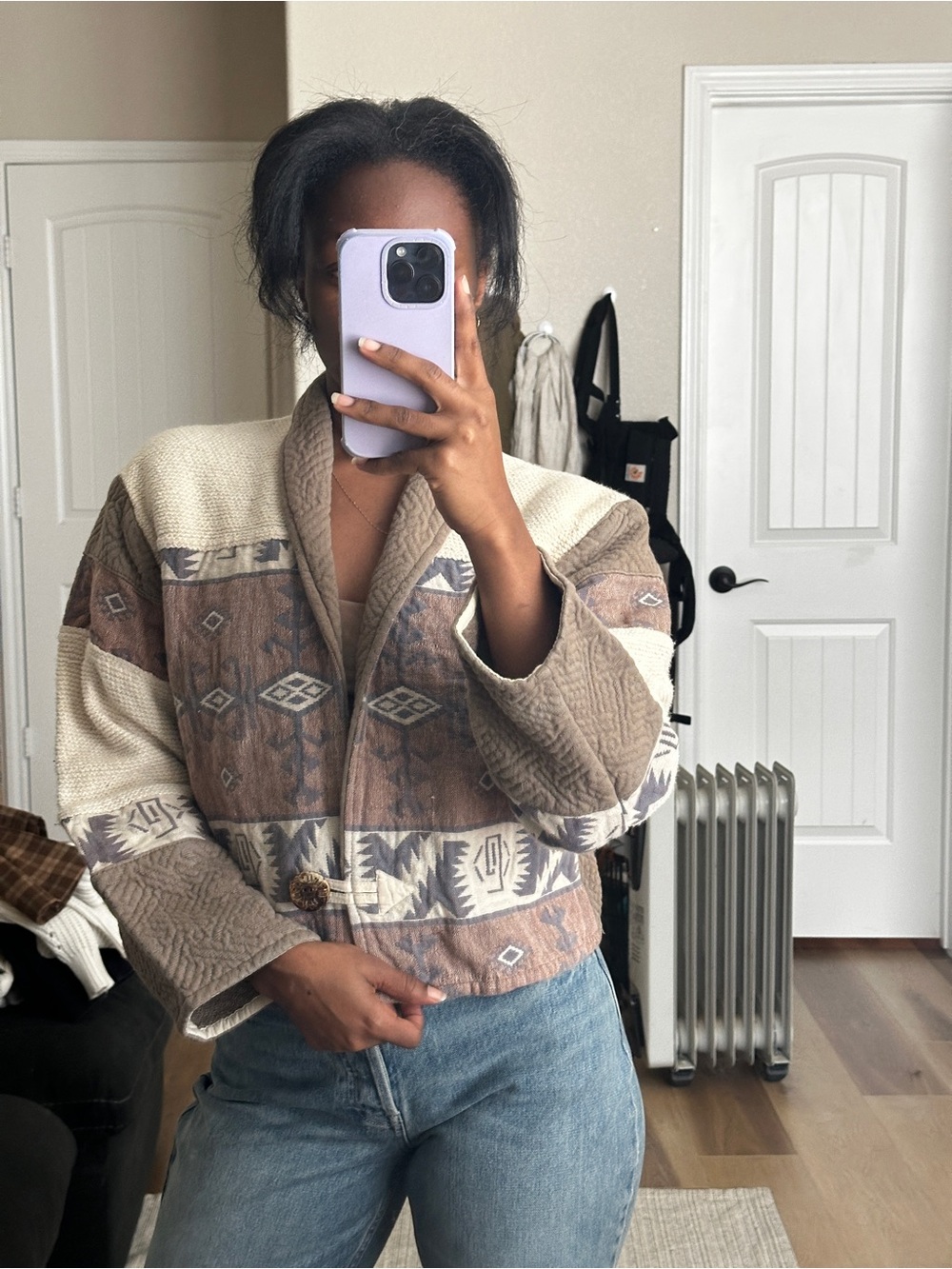 Flashback cotton Patchwork Jacket in Taupe & Cream, crop fit